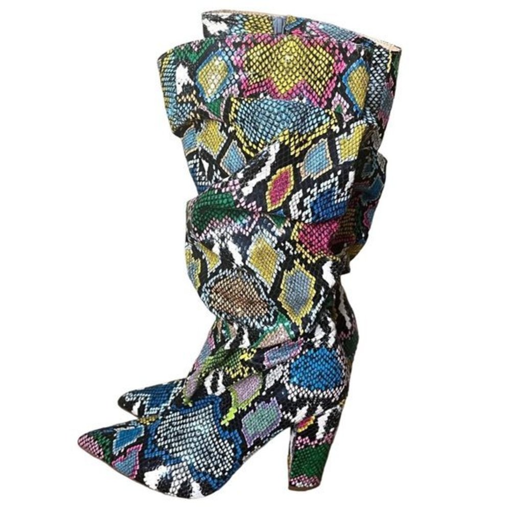 Liliana Hariot-1 Rainbow Snakeskin Embossed Slouchy Chunky Heel Calf‎ Boots Sz 9